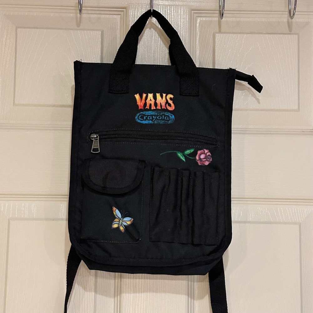 Vans x Crayola Mini Backpack Black Canvas Embroidered Butterfly Rose Bag